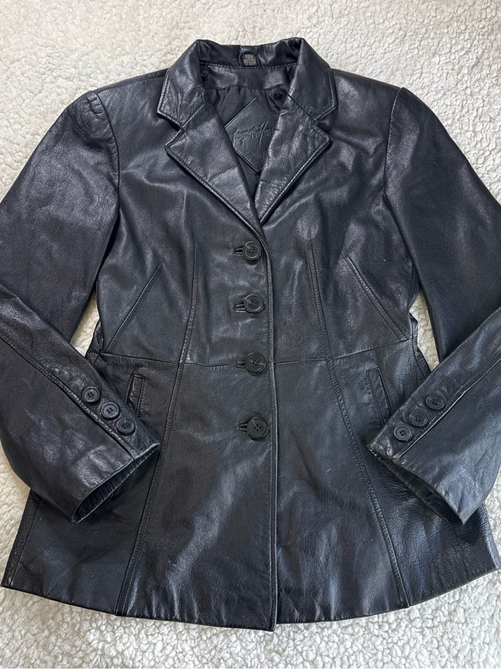 Jacqueline Ferrar Black Leather Button-Up Blazer Jacket